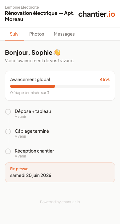 Espace de suivi de chantier sur mobile : avancement, étapes et date de fin prévue