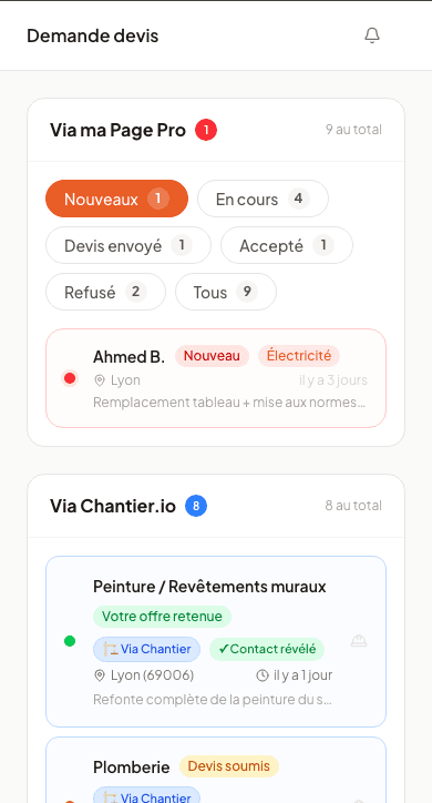 Demandes de devis reçues, consultées depuis un téléphone